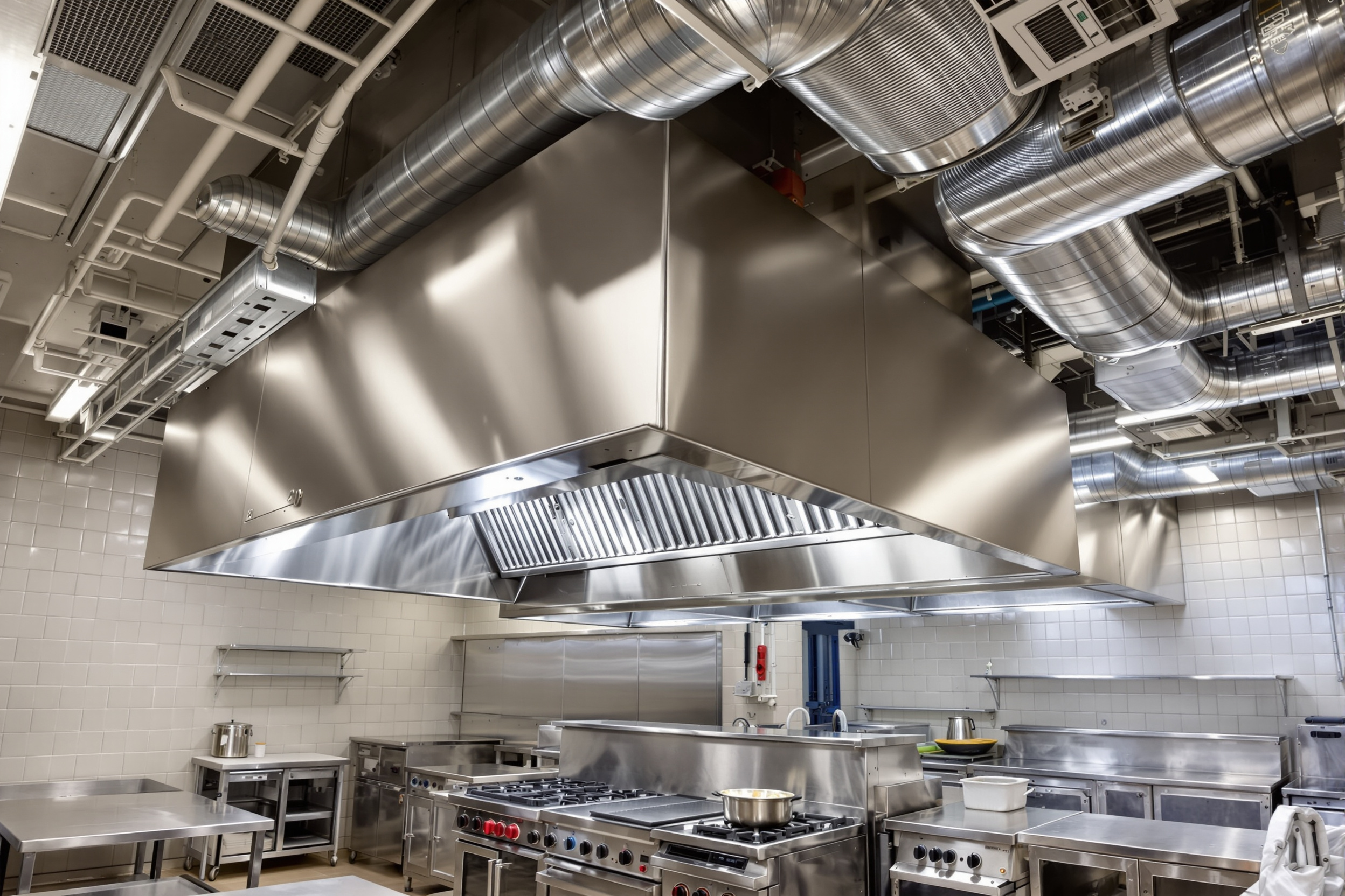 Restaurant commercial kitchen with professional HVAC ventilation system and exhaust hood installation for food service operations#1.4