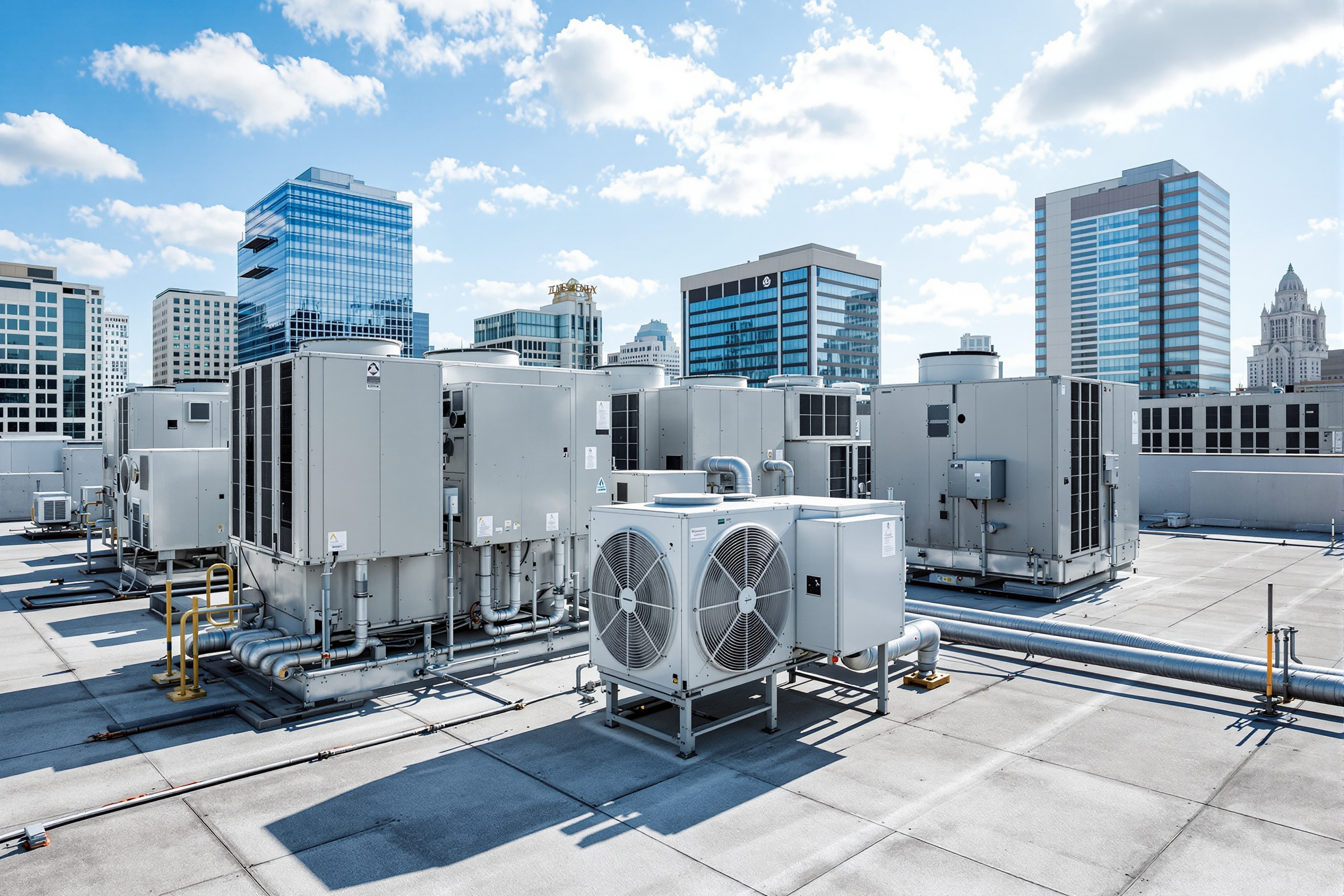 Commercial office building HVAC system with modern air conditioning and ventilation equipment for workplace comfort#1.4