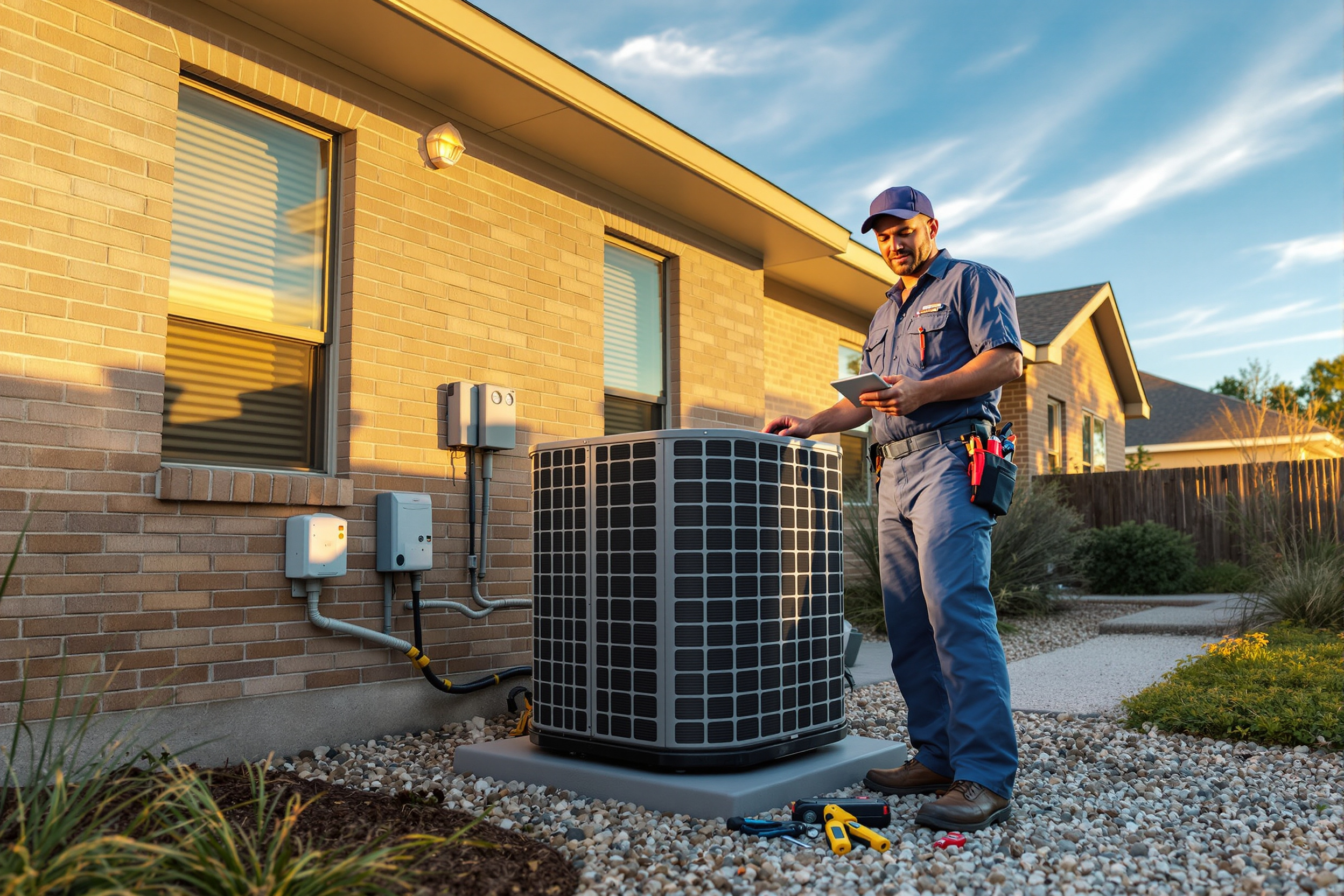 Emergency HVAC service technician responding to urgent repair call in Central Texas with professional equipment and tools#1.4