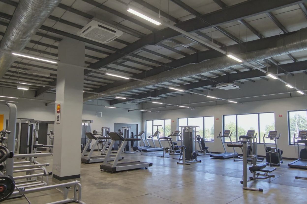 Fitness facility gym with specialized HVAC air circulation system and climate control for high-occupancy workout environments#1.4