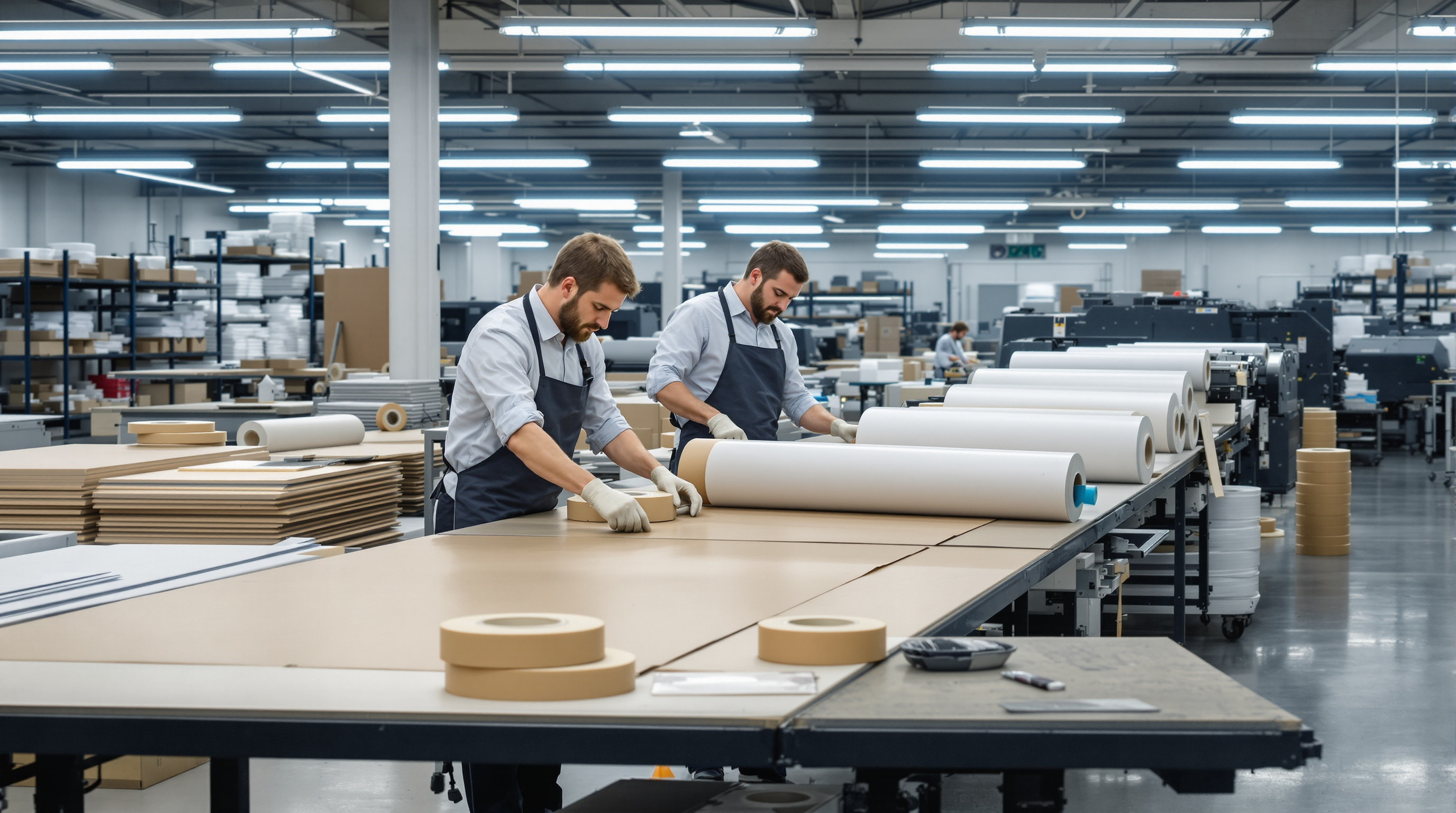 Printing industry workers using masking tape for splicing paper and film materials in professional production facility#16:9