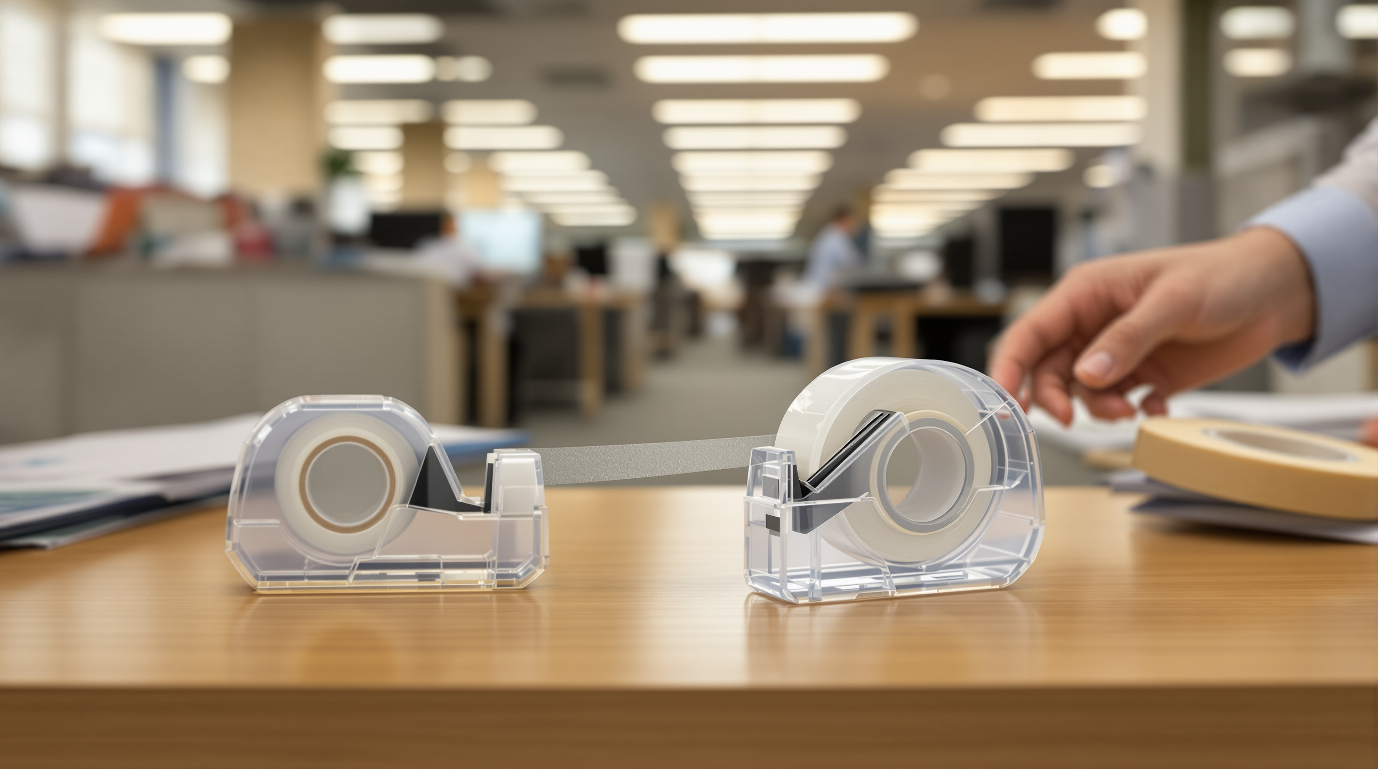 Office workers using transparent and double-sided tape for document processing and general business applications#16:9