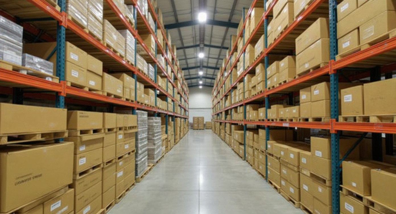 Warehouse with extensive packaging inventory and various box sizes stacked on industrial shelving systems#1.9