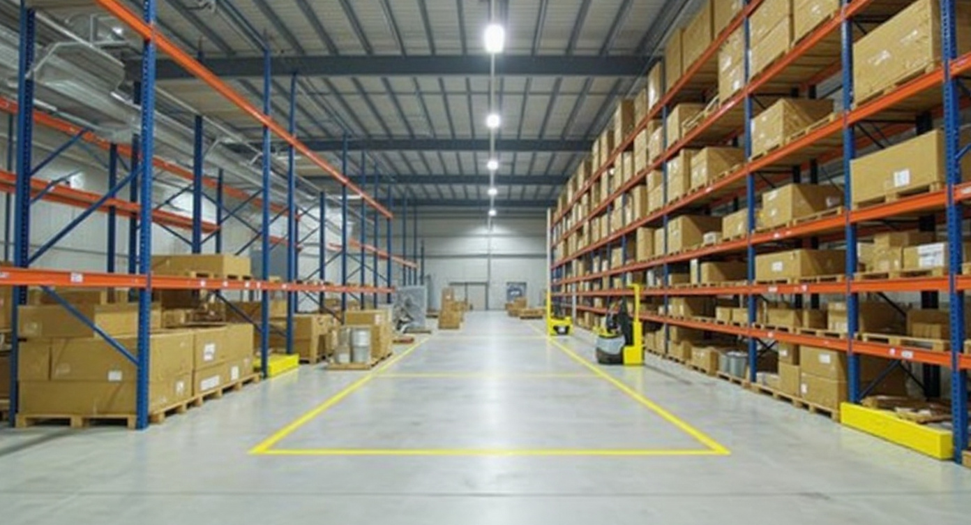 Warehousing facility with organized storage systems and packaging materials inventory#1.9