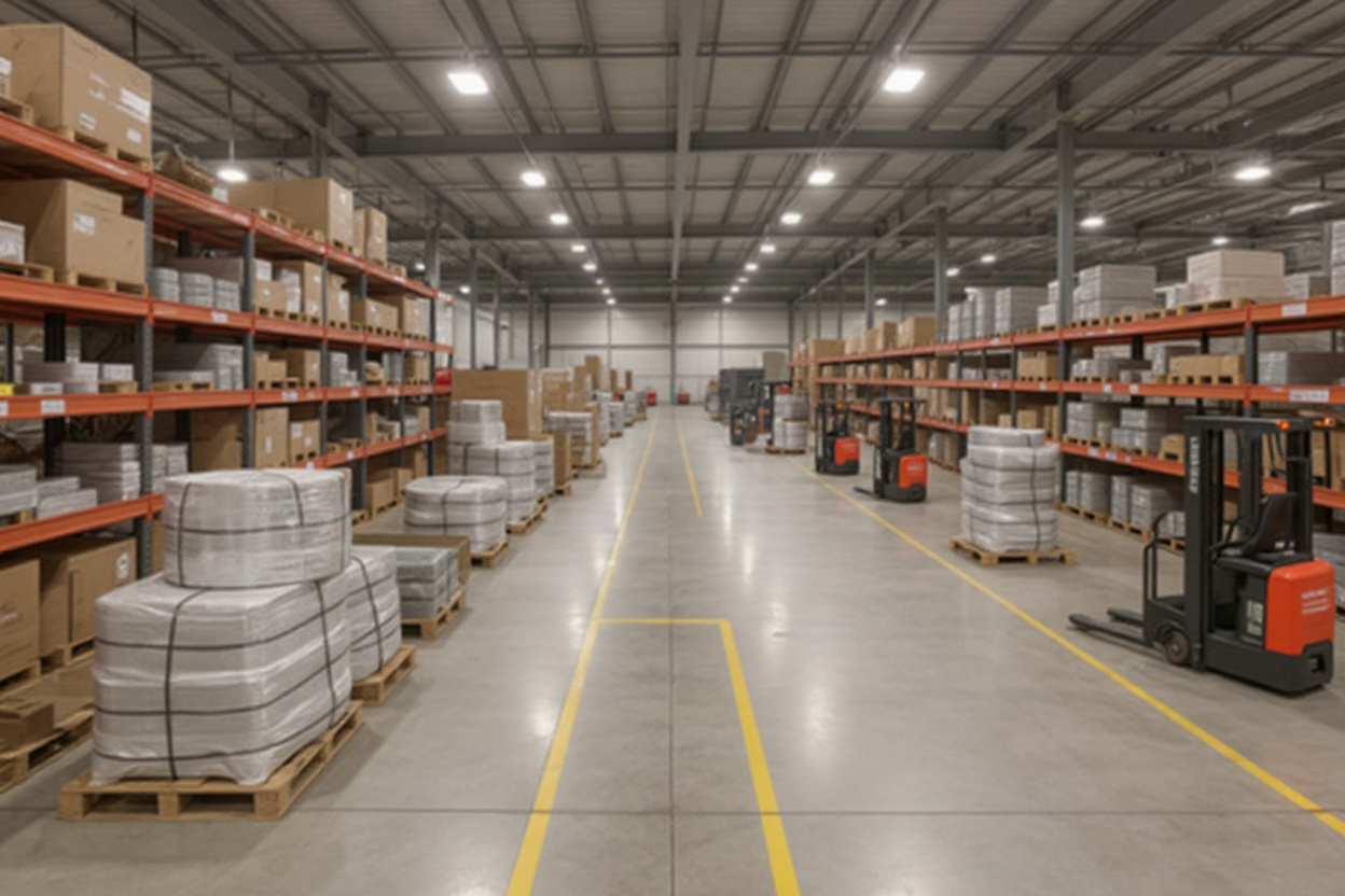 Distribution warehouse with organized strapping supplies and material handling equipment#1.5