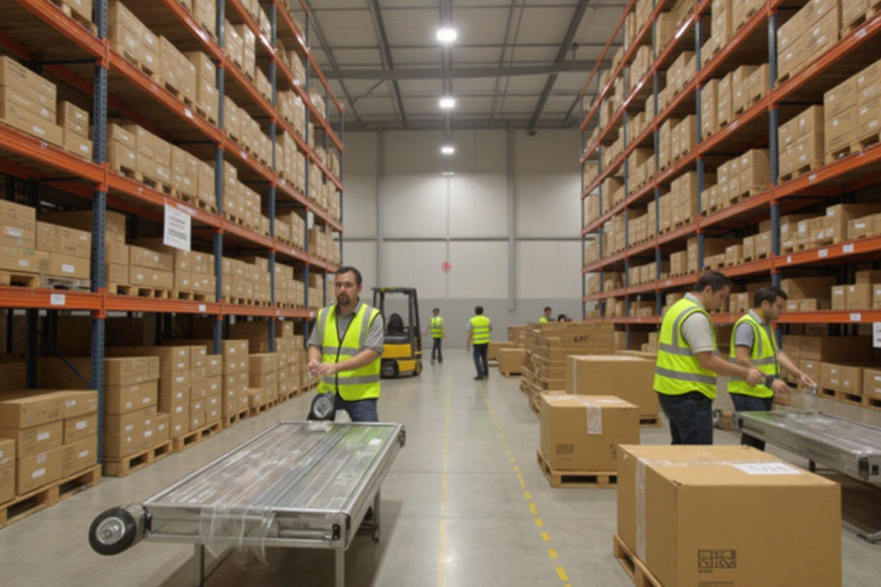 Warehouse shipping operations using packaging tape for sealing boxes and organizing inventory#1.5