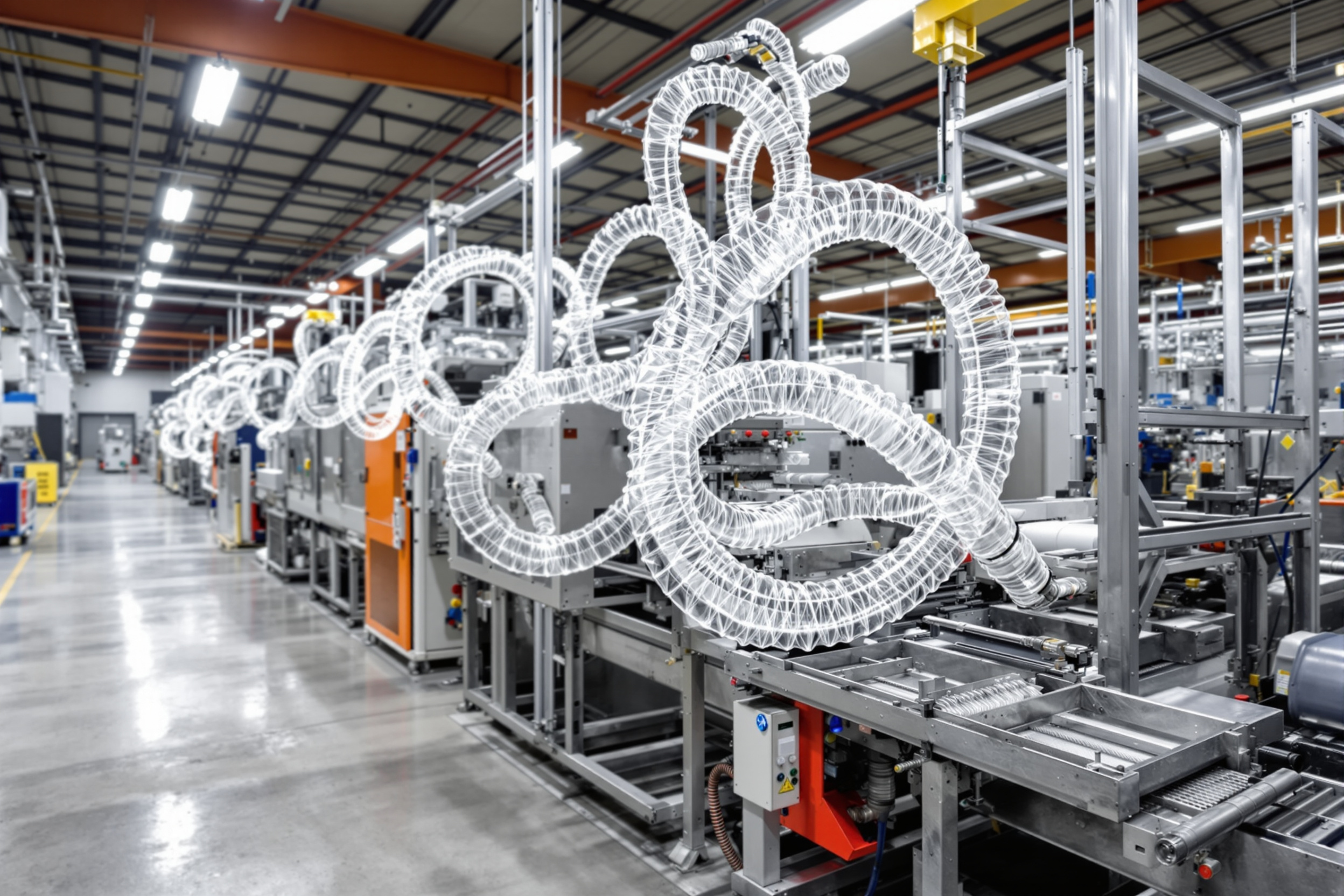 Plastic extrusion equipment with TigerFlex transparent hoses for material flow monitoring#1.6