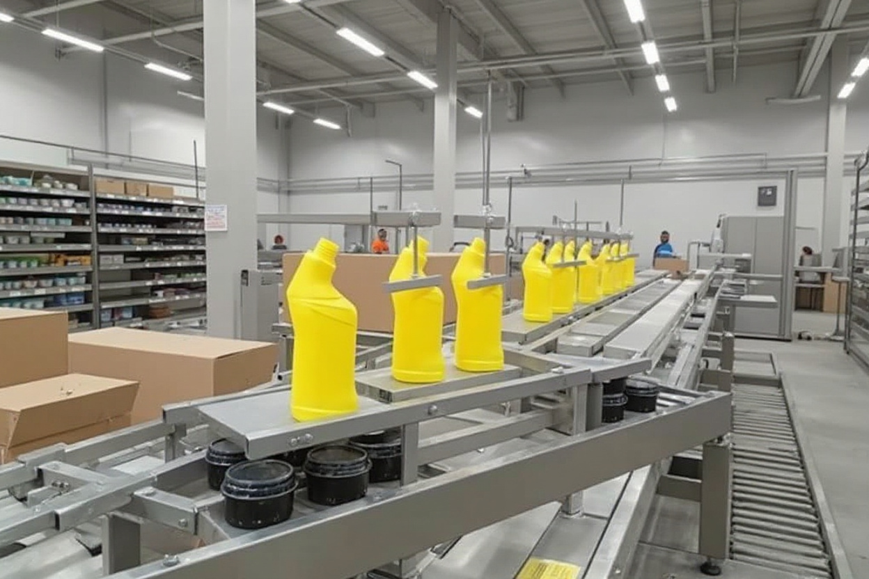 Consumer packaging industry showing bottle caps closures and disposable plastic products being filled into boxes#1.6