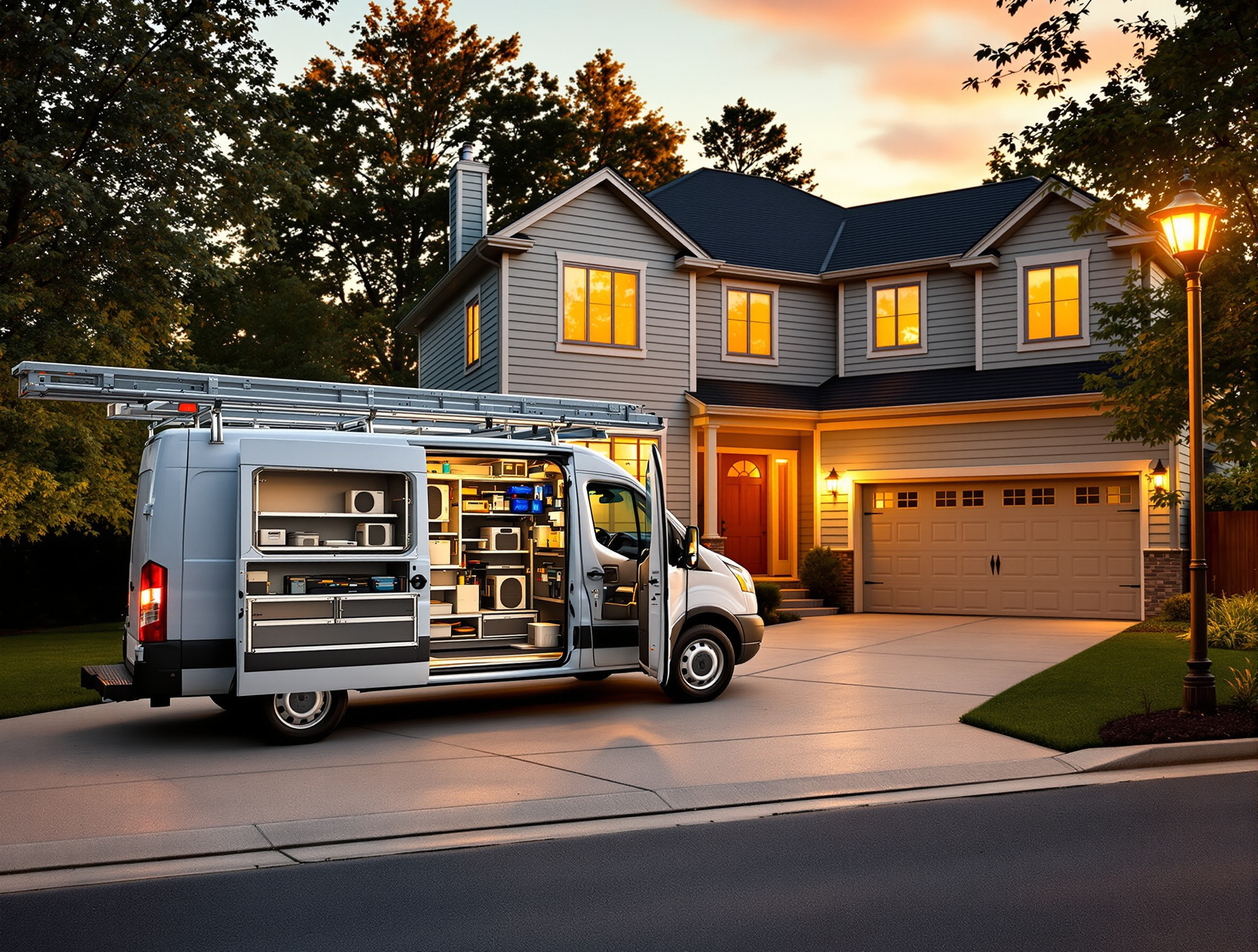Emergency HVAC repair truck arriving at residential home during evening hours with fully equipped service vehicle#1.3