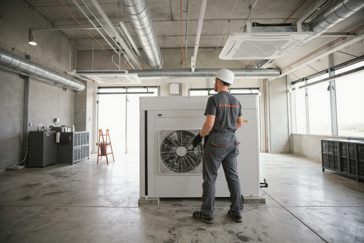 Professional HVAC technician working on commercial air conditioning system in Bryan Texas facility#1.5