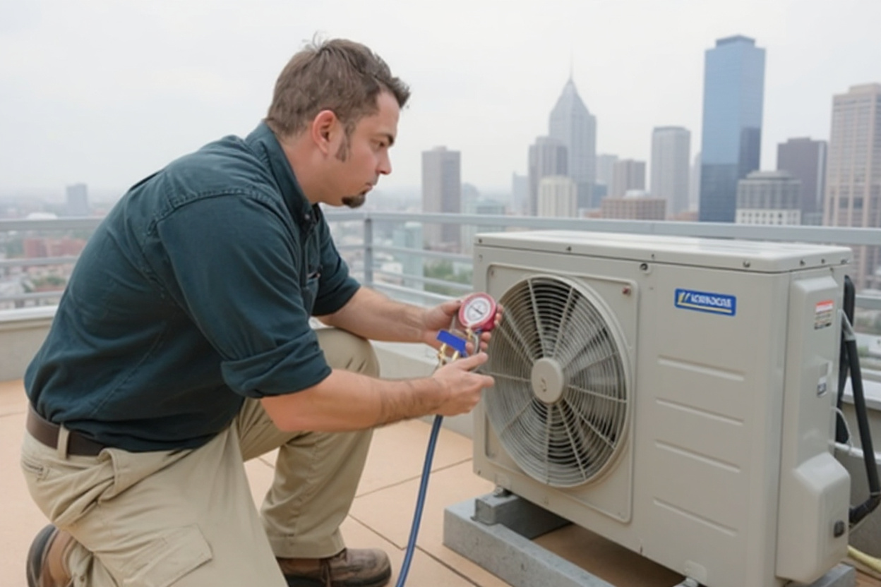 HVAC technician performing maintenance on commercial air conditioning unit with diagnostic equipment#1.5