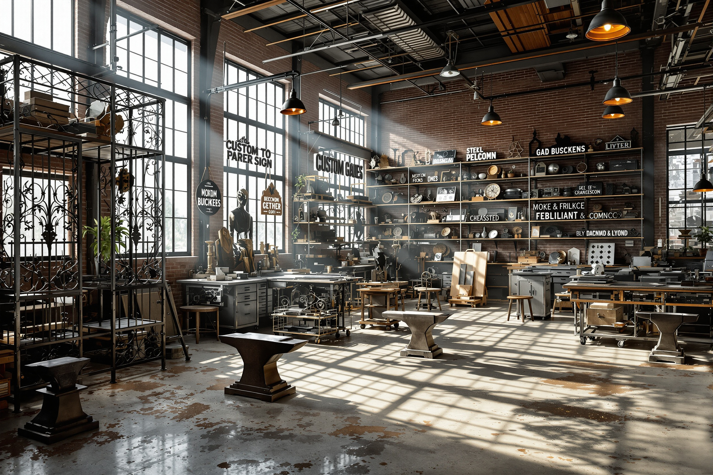 Small business workshop with custom signage and decorative metalwork projects#1.6