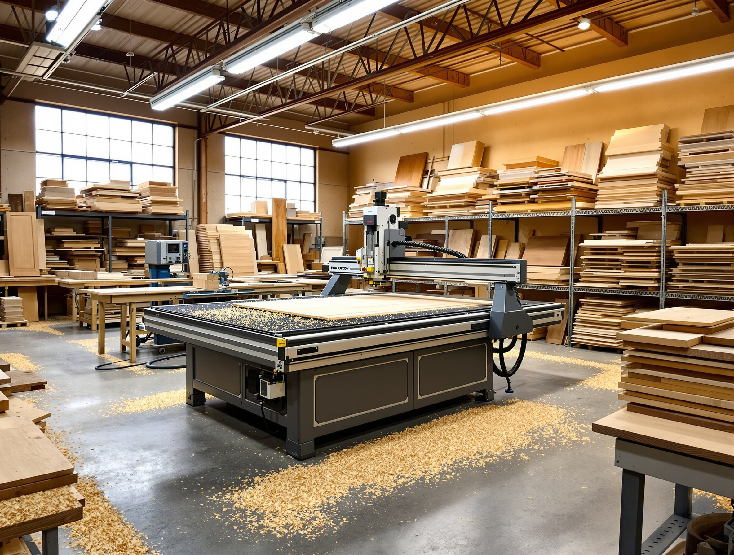 Professional woodworking shop with CNC router cutting custom furniture components and cabinetry#1.3