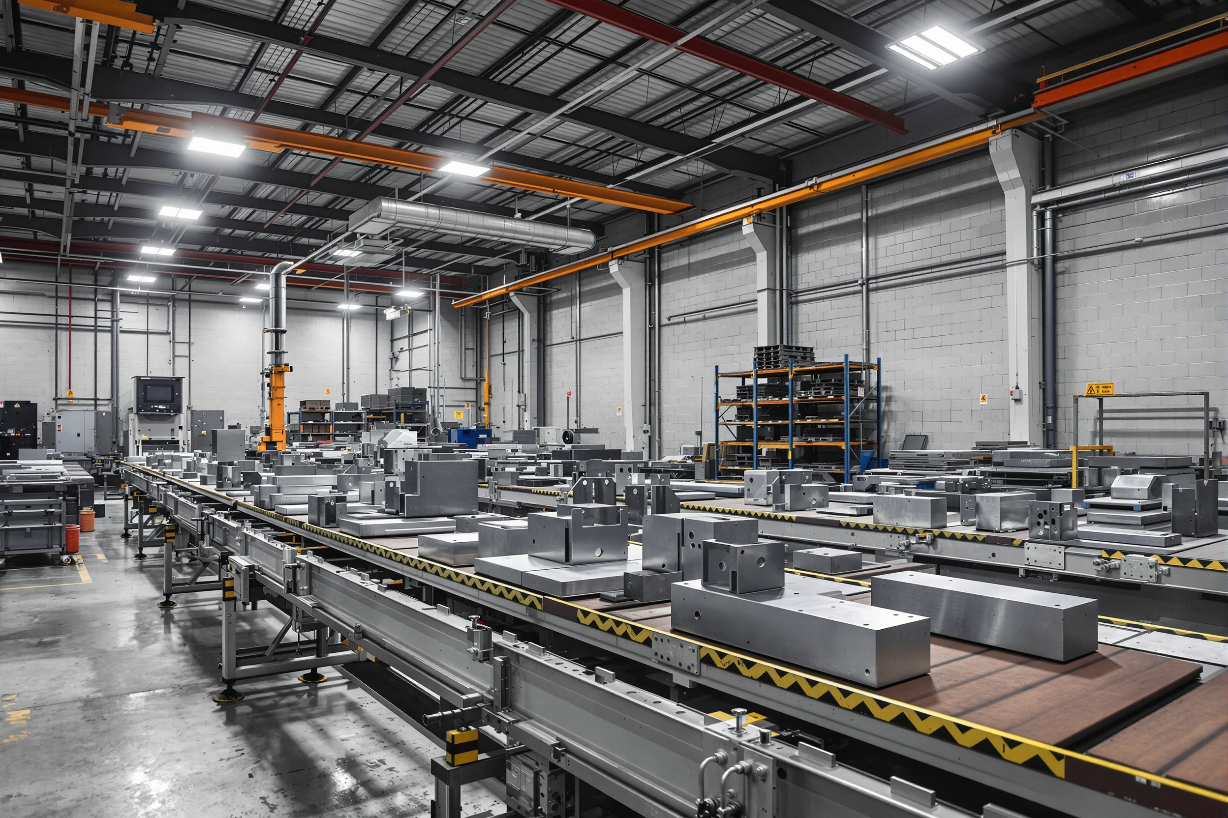 Manufacturing facility with conveyor belt sanders processing metal parts#1.5