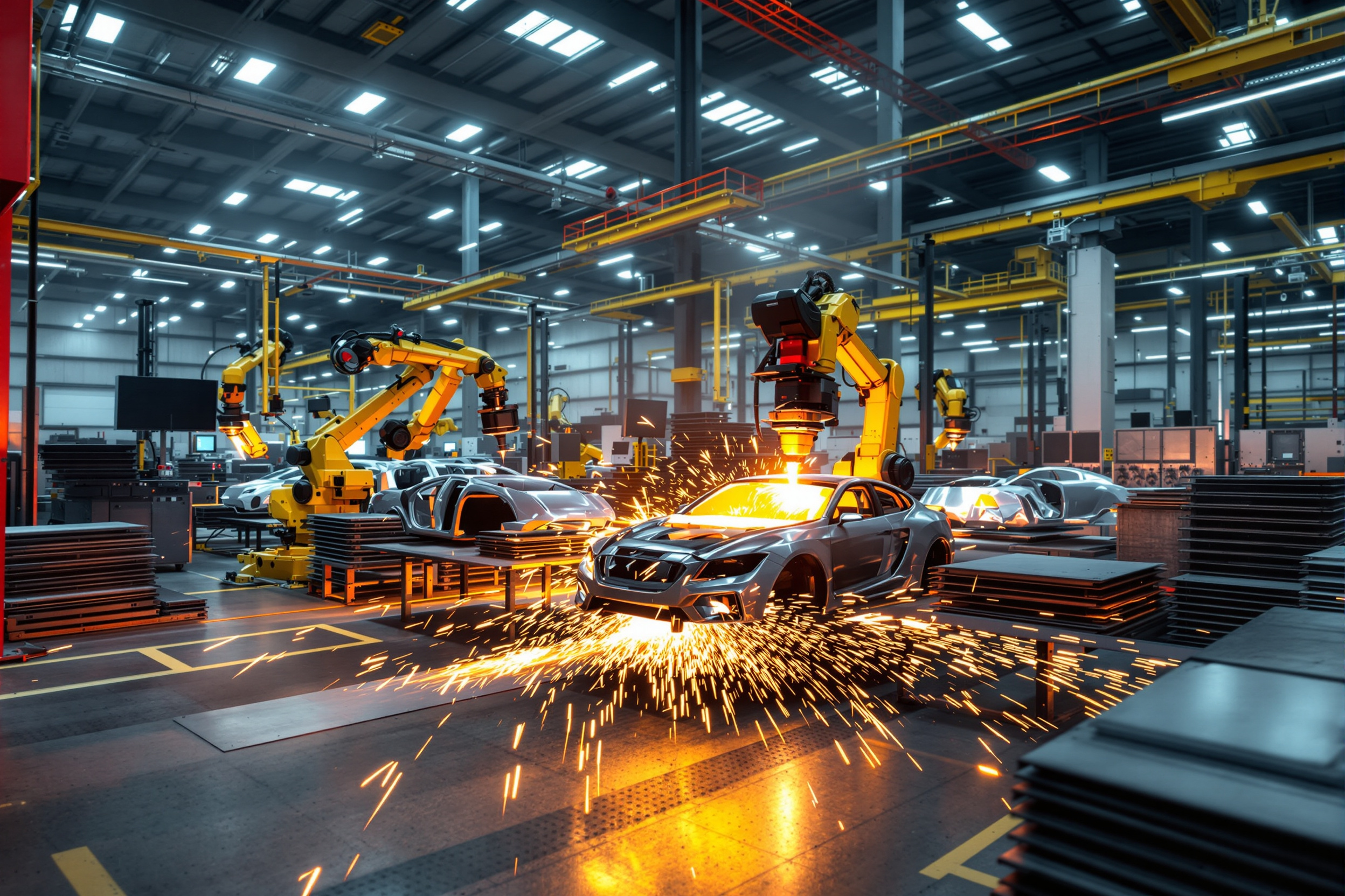 Automotive manufacturing facility with robotic plasma cutting systems producing vehicle components#1.6