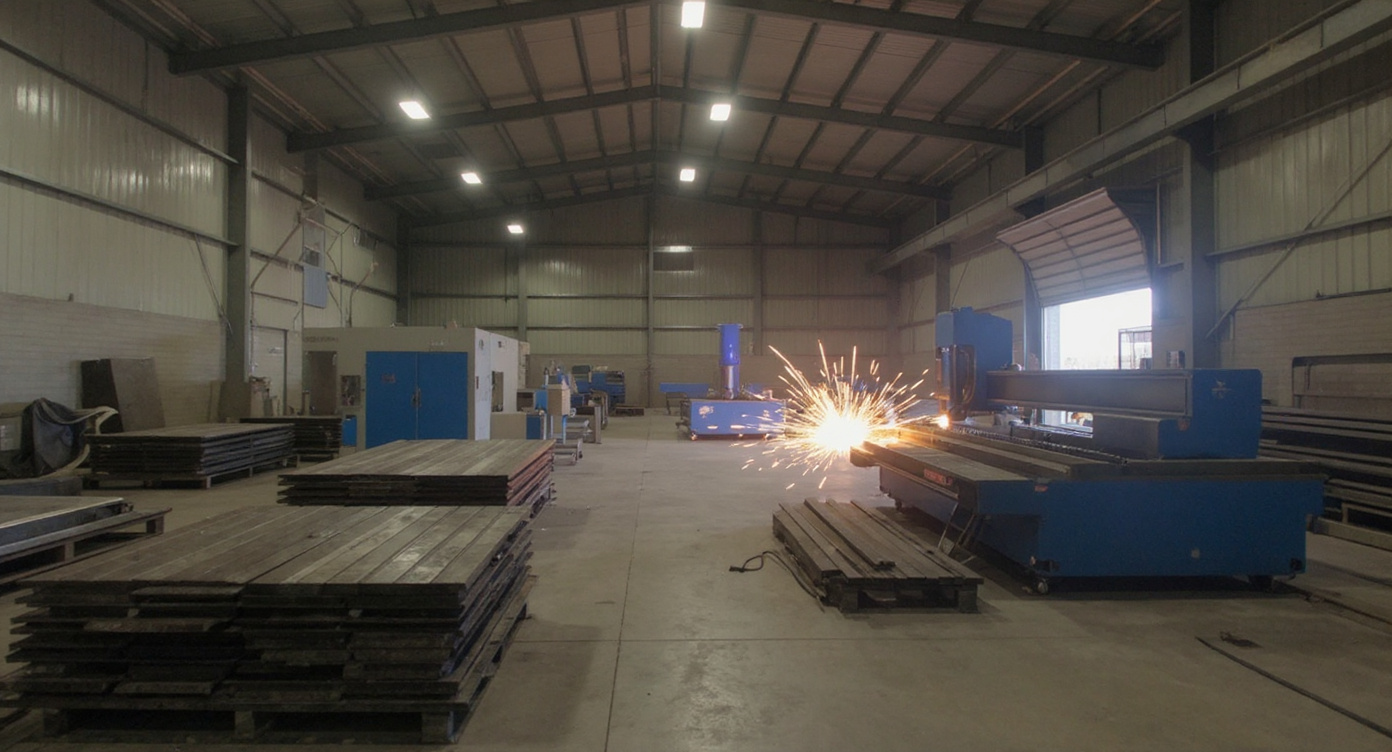 Metal fabrication shop with CNC plasma cutting equipment and steel materials#1.9