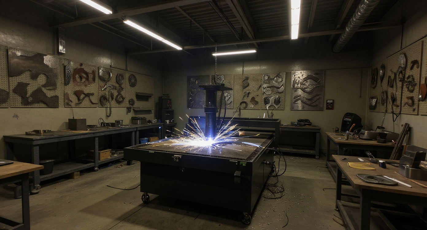 Hobbyist workshop with CNC plasma table and custom metal art projects for personal use#1.9