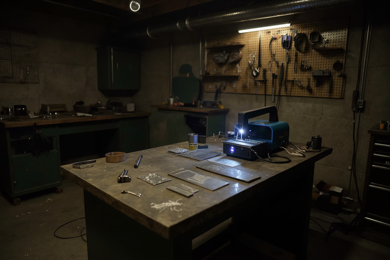 Hobbyist workspace featuring Hypertherm plasma cutter for personal metal cutting projects and crafts#1.6