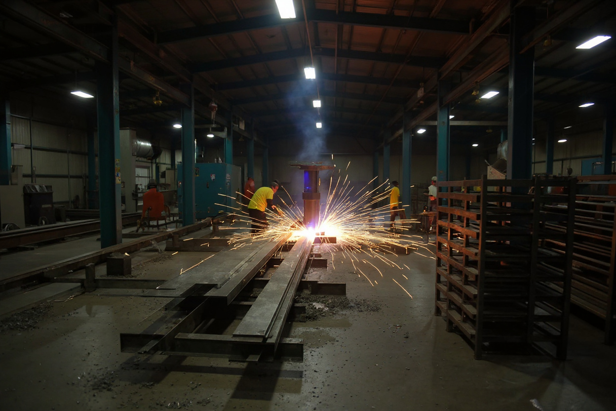 Metal fabrication workshop with structural steel cutting and welding operations#1.5