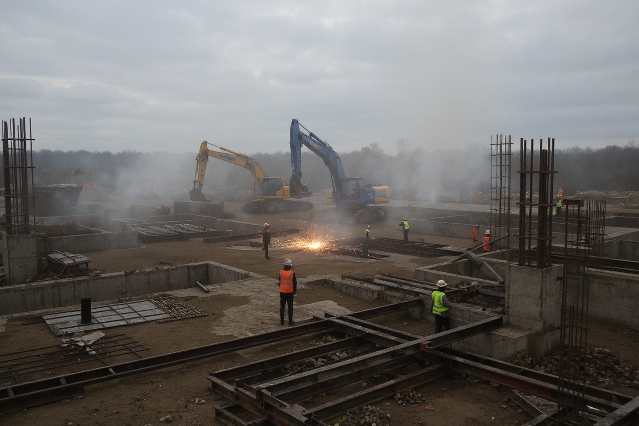 Construction site with heavy equipment and steel beam cutting applications#1.5