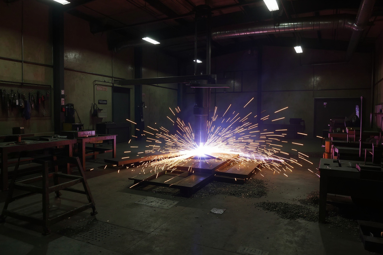 Metal fabrication shop with CNC plasma cutting equipment and steel materials being processed#1.6