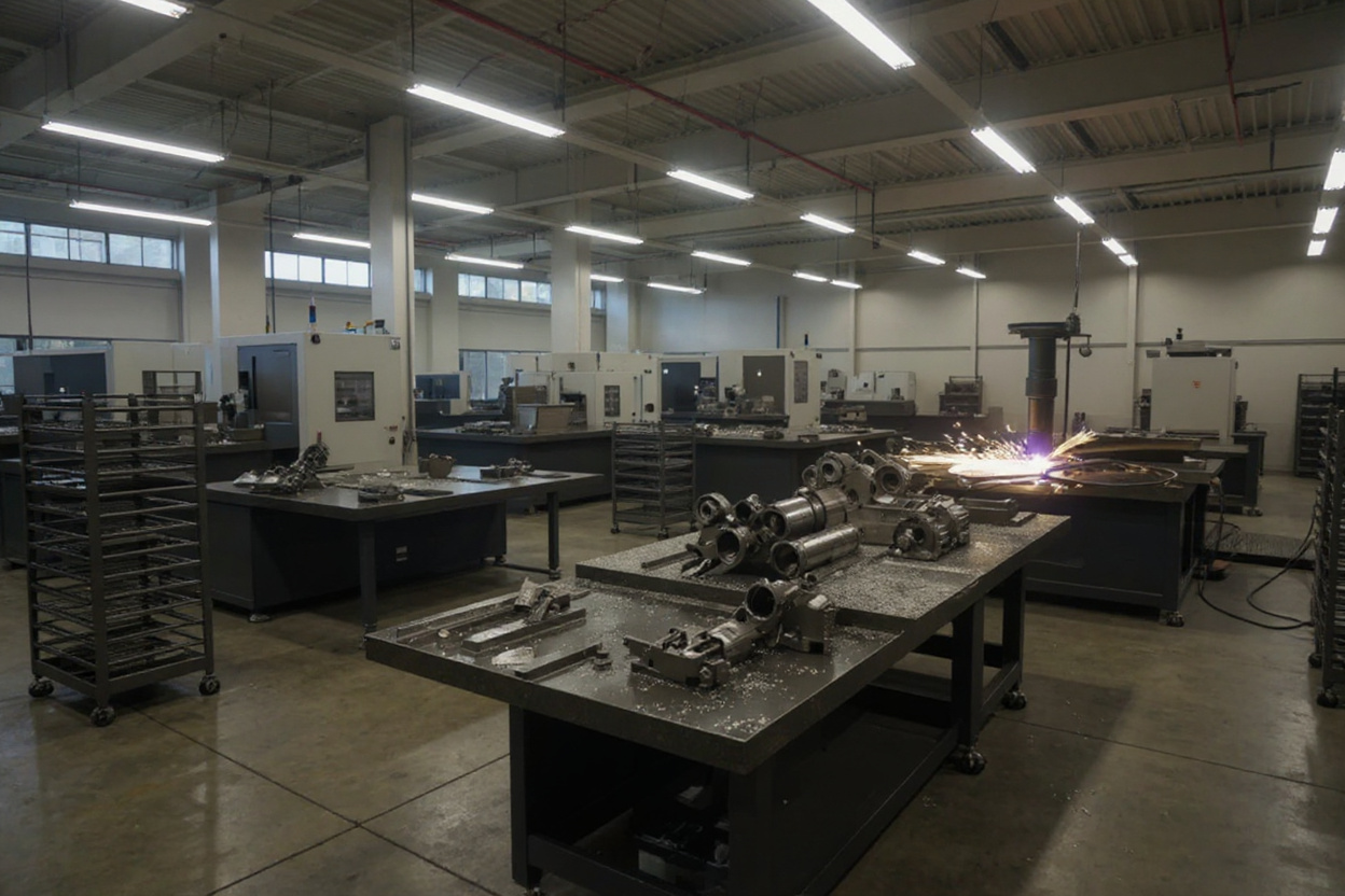 Manufacturing facility with automotive parts and precision metal components being cut#1.6