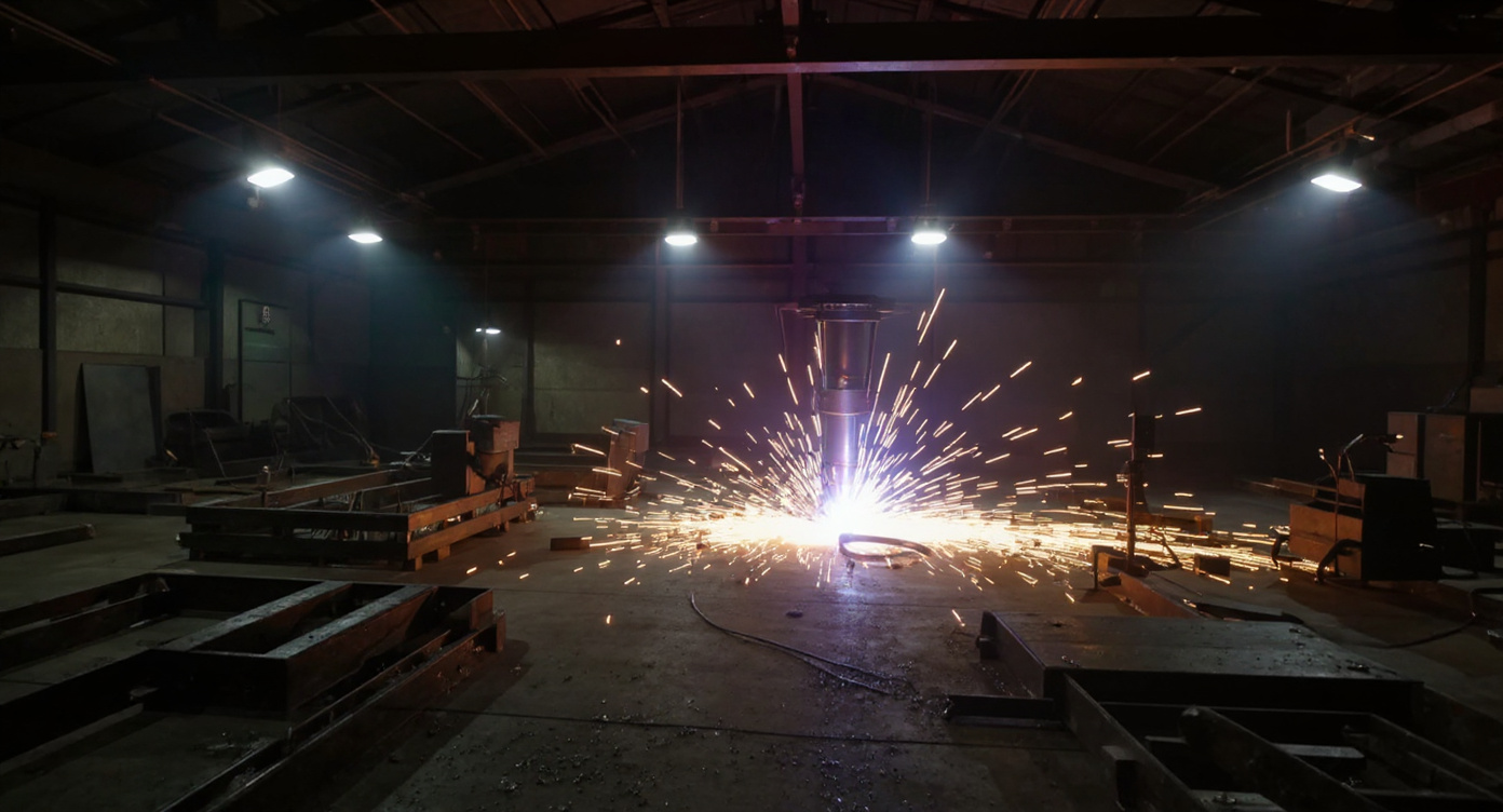 Metal fabrication workshop with custom steel structures and architectural components being cut#1.9