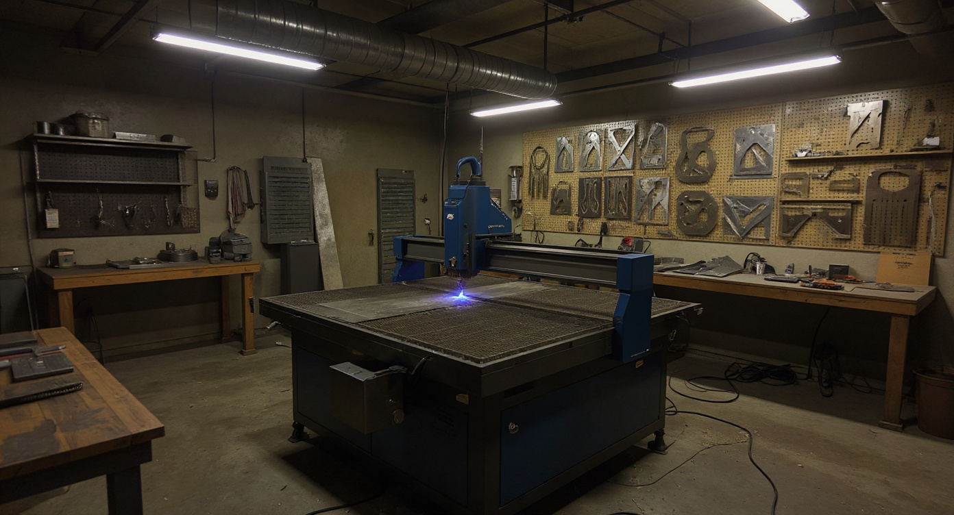 Hobbyist workshop with CNC plasma table creating custom metal art and personal projects#1.9