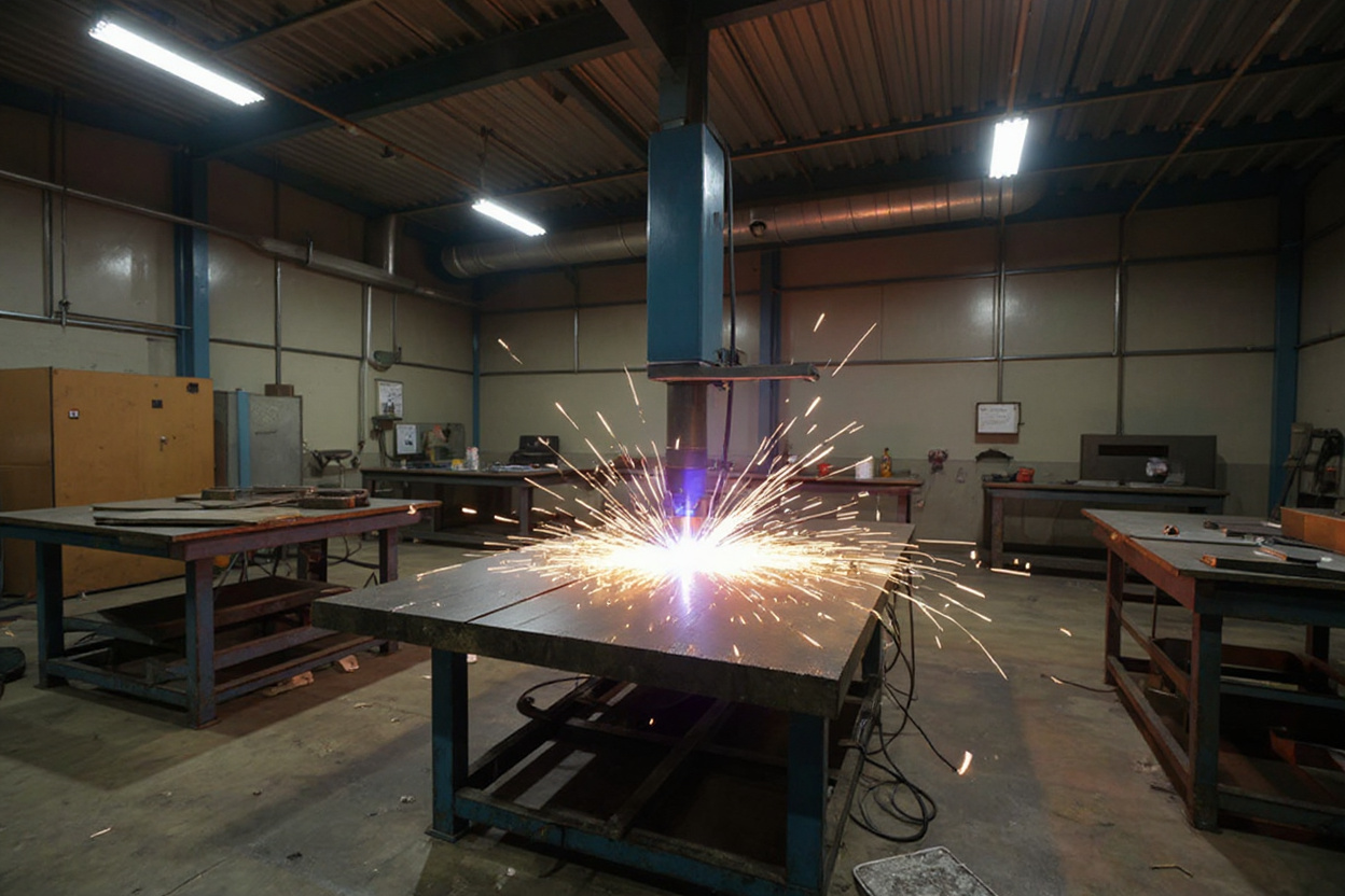 Metal fabrication workshop with plasma cutting equipment and steel workpieces being cut with precision#1.6