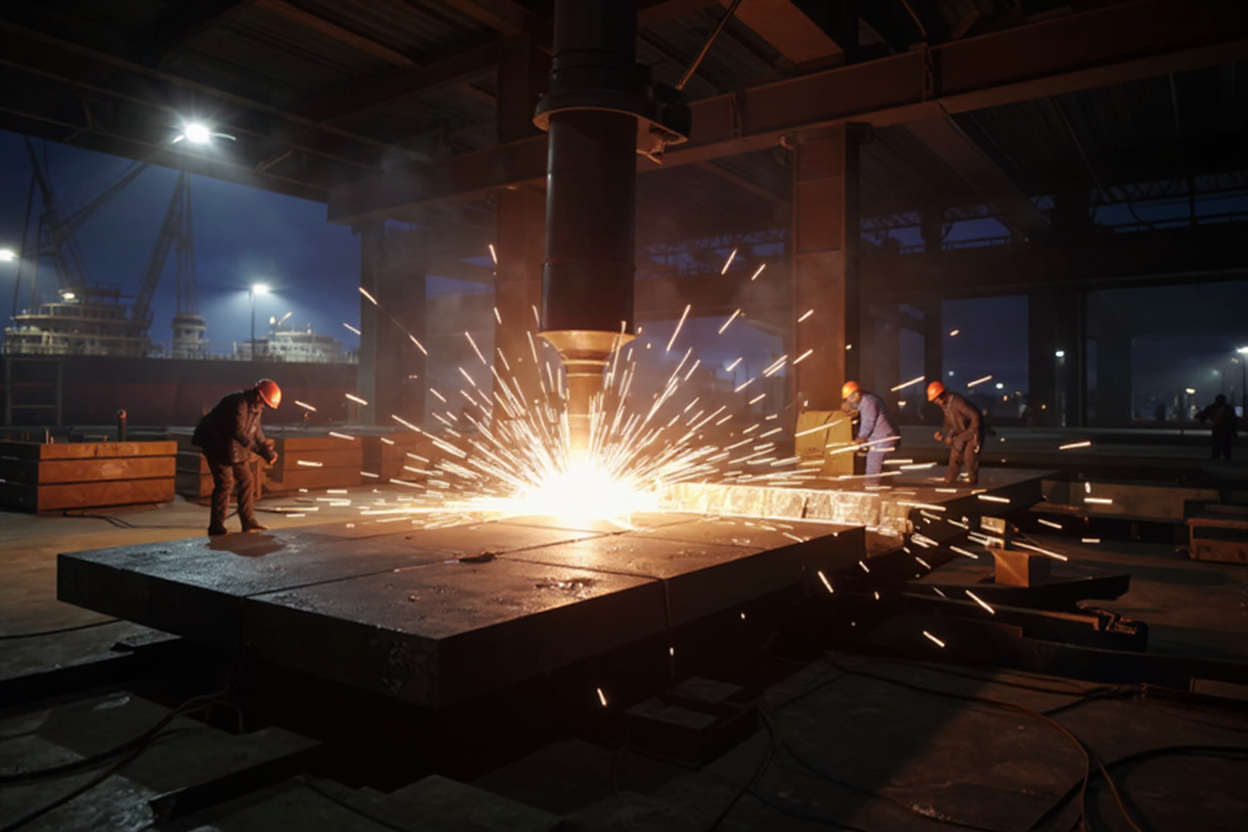 Shipbuilding yard with large steel plates being cut for marine vessel construction using plasma technology#1.6