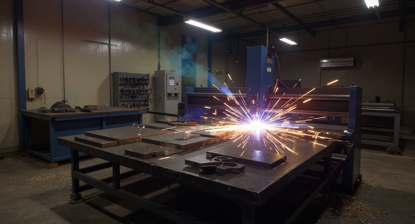 Metal fabrication shop with CNC plasma cutting operations and steel workpieces#1.9