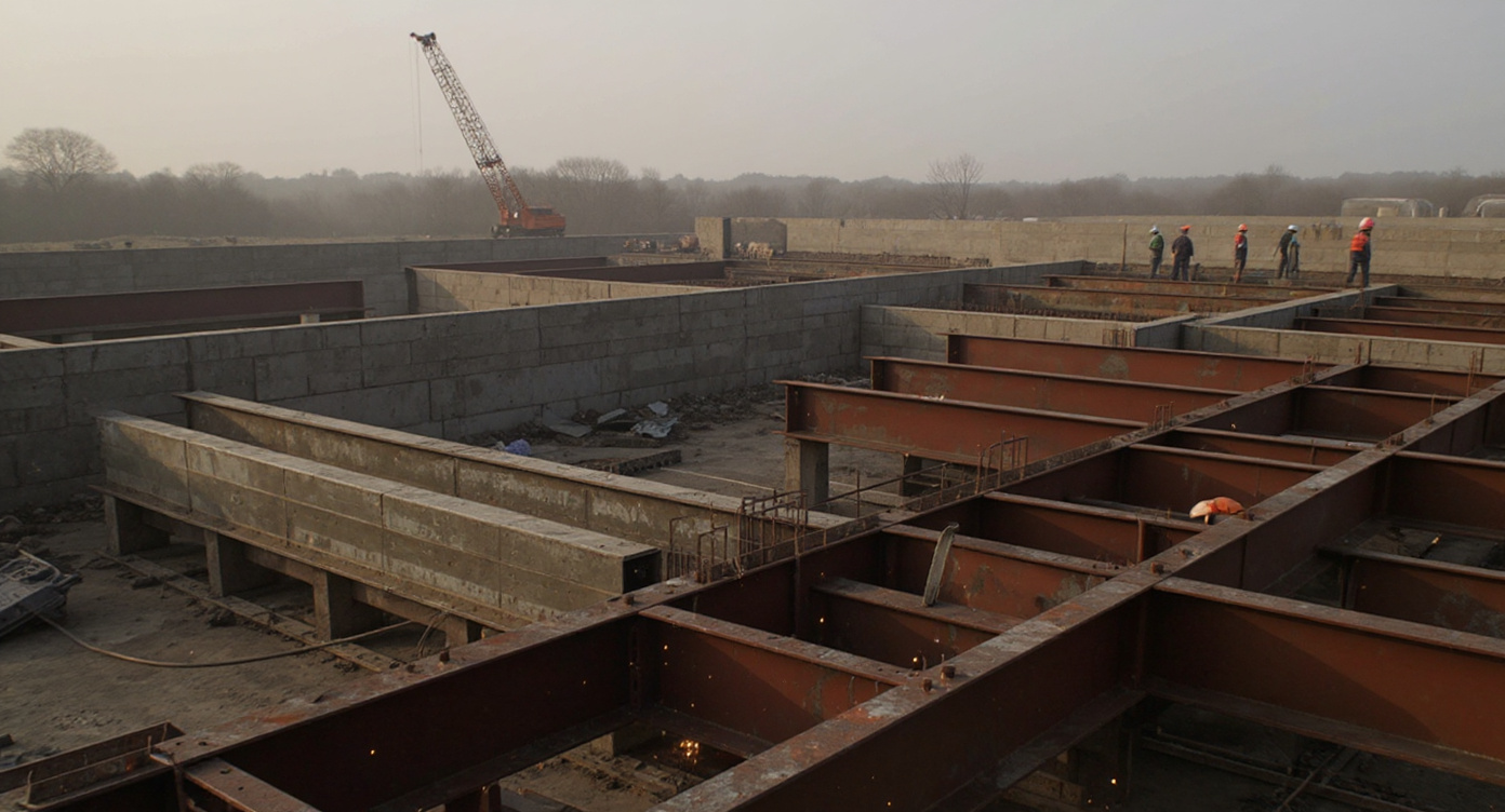 Construction site with steel building components and structural metalwork being fabricated#1.9