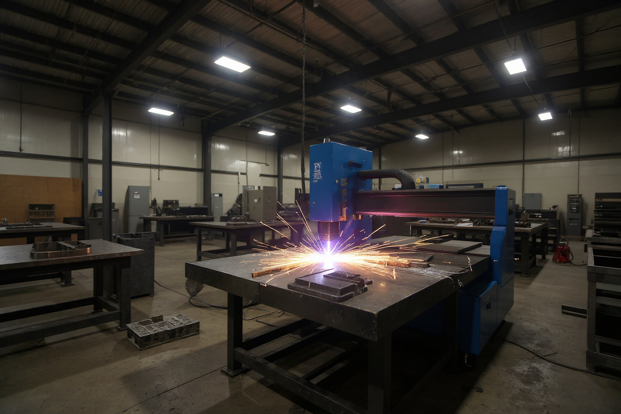 Metal fabrication workshop with CNC plasma cutting precision steel components for industrial applications#1.5