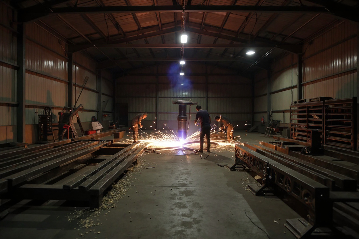 Construction and architectural metalwork shop cutting structural steel beams and decorative elements#1.5