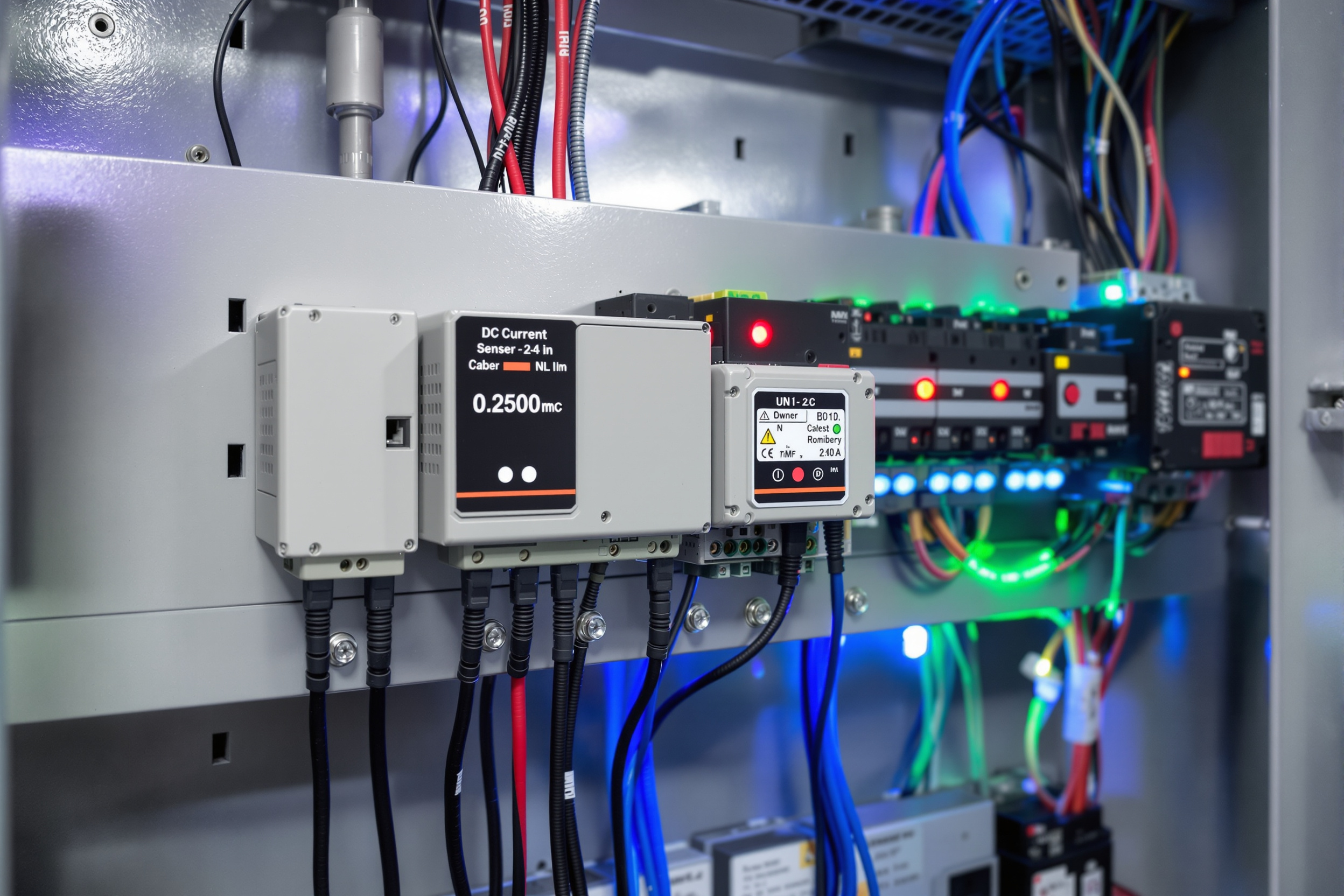 DC current sensors connected to power monitoring modules in industrial control panel#1.5
