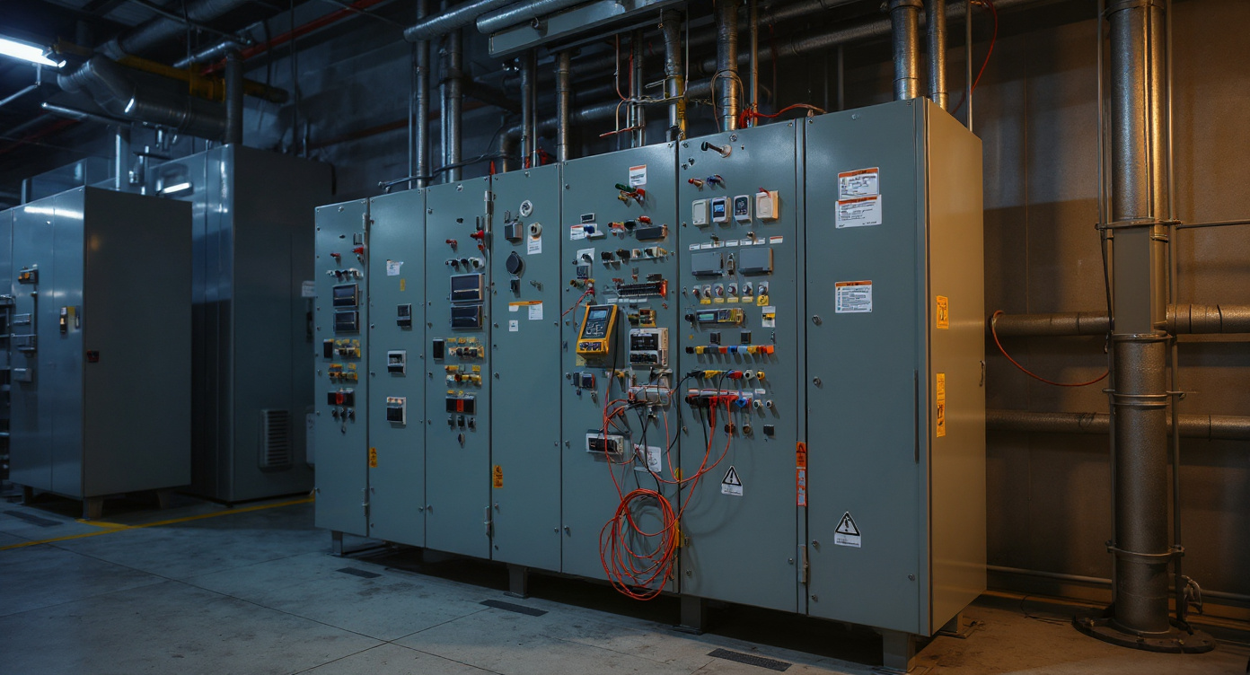 Industrial electrical control panel with various components and wiring showcasing technical complexity#1.9