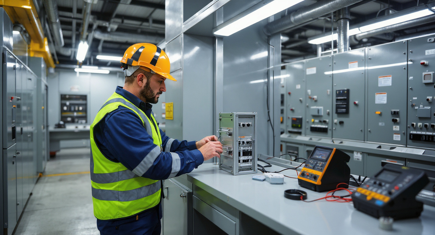 Technical engineer testing electrical components and control systems in industrial laboratory setting#1.9