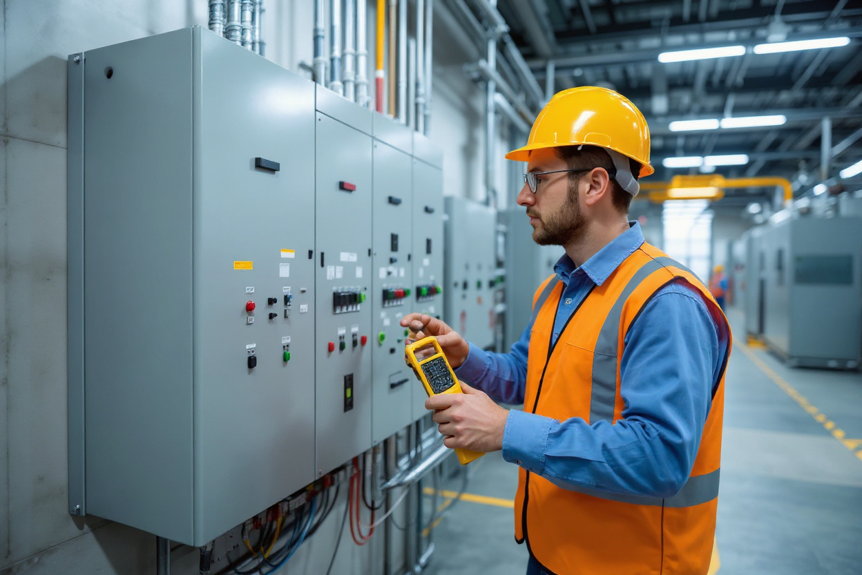 Electrical contractor working on panel installation with professional tools and components#1.5