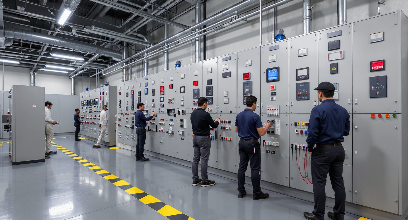 System integrators working on electrical panels with communication modules and monitoring systems#1.9