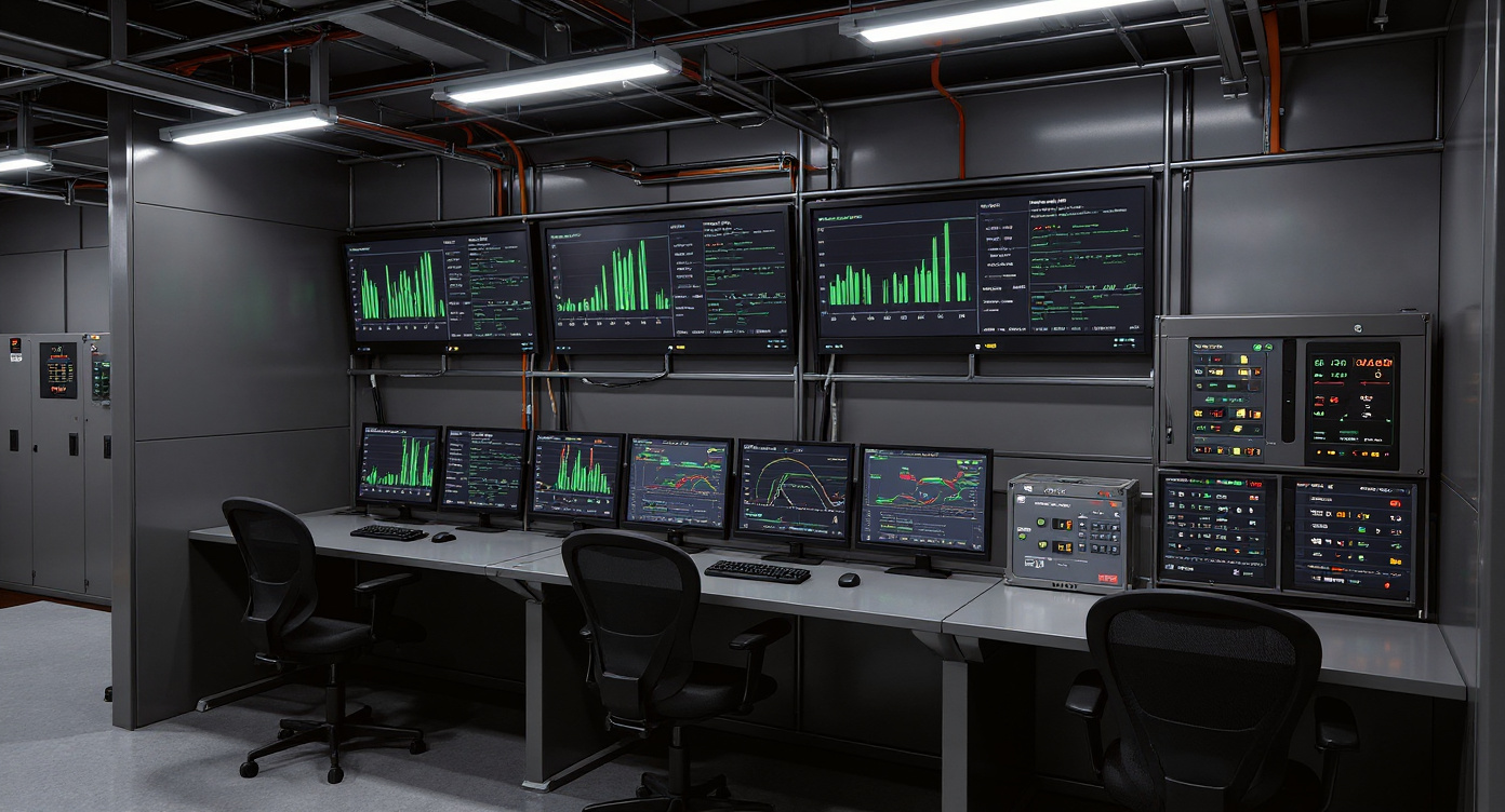 Energy management control center with remote visualization screens showing power consumption data and alarm notification systems#1.9