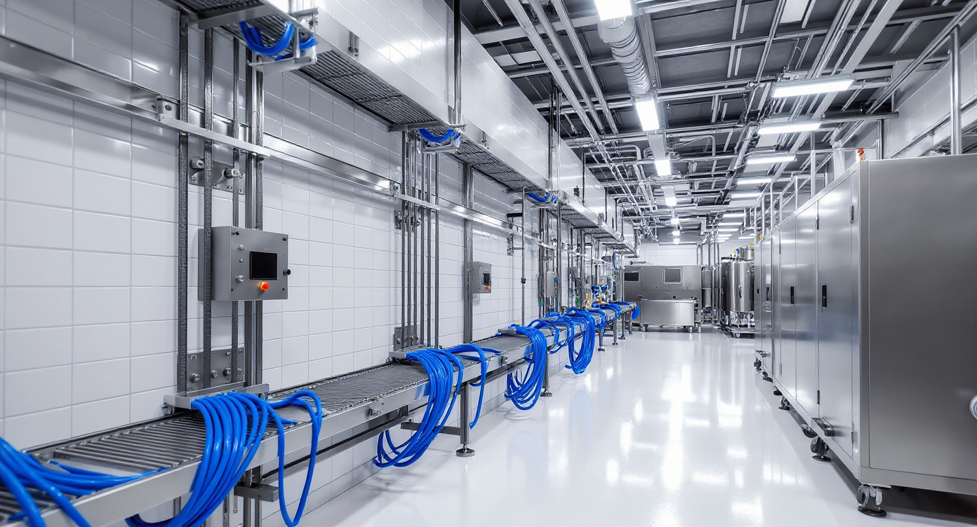 Food processing facility with electrical cable management systems for safe wiring in food manufacturing plants#1.78