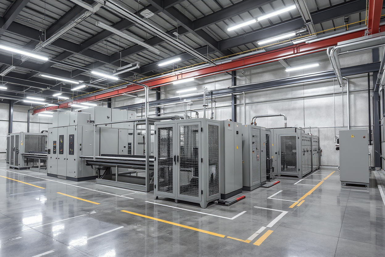 Industrial manufacturing facility with heavy machinery and power distribution equipment#1.5