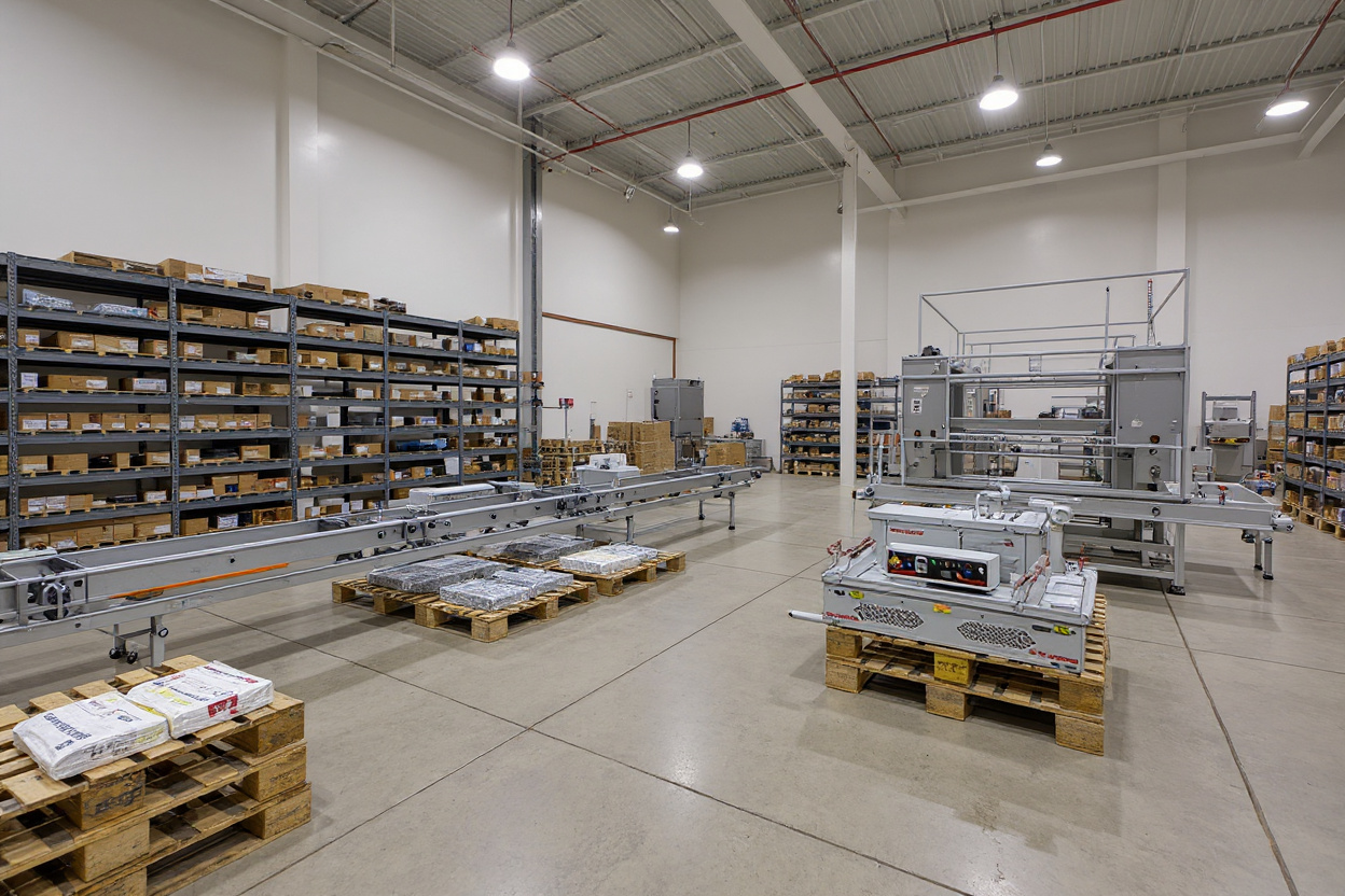 Industrial warehouse with pallet handling equipment showing packaging, warehousing, and palletizing operations with bagged products#1.6