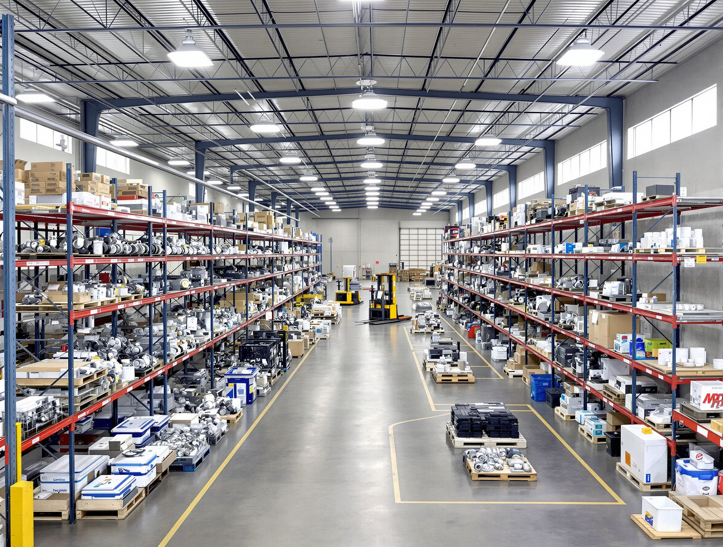 Large warehouse facility showing organized inventory of industrial casters and equipment with efficient storage systems#1.3