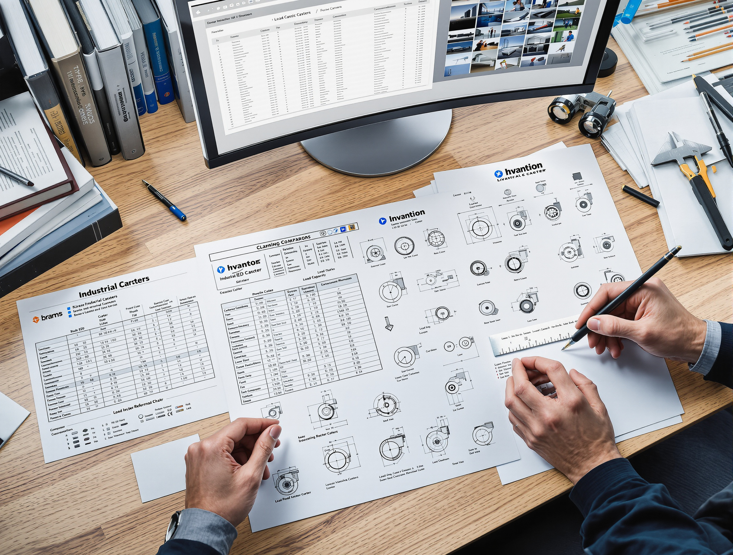 Technical comparison display showing different caster brands and cross-reference documentation for optimal product selection#1.3
