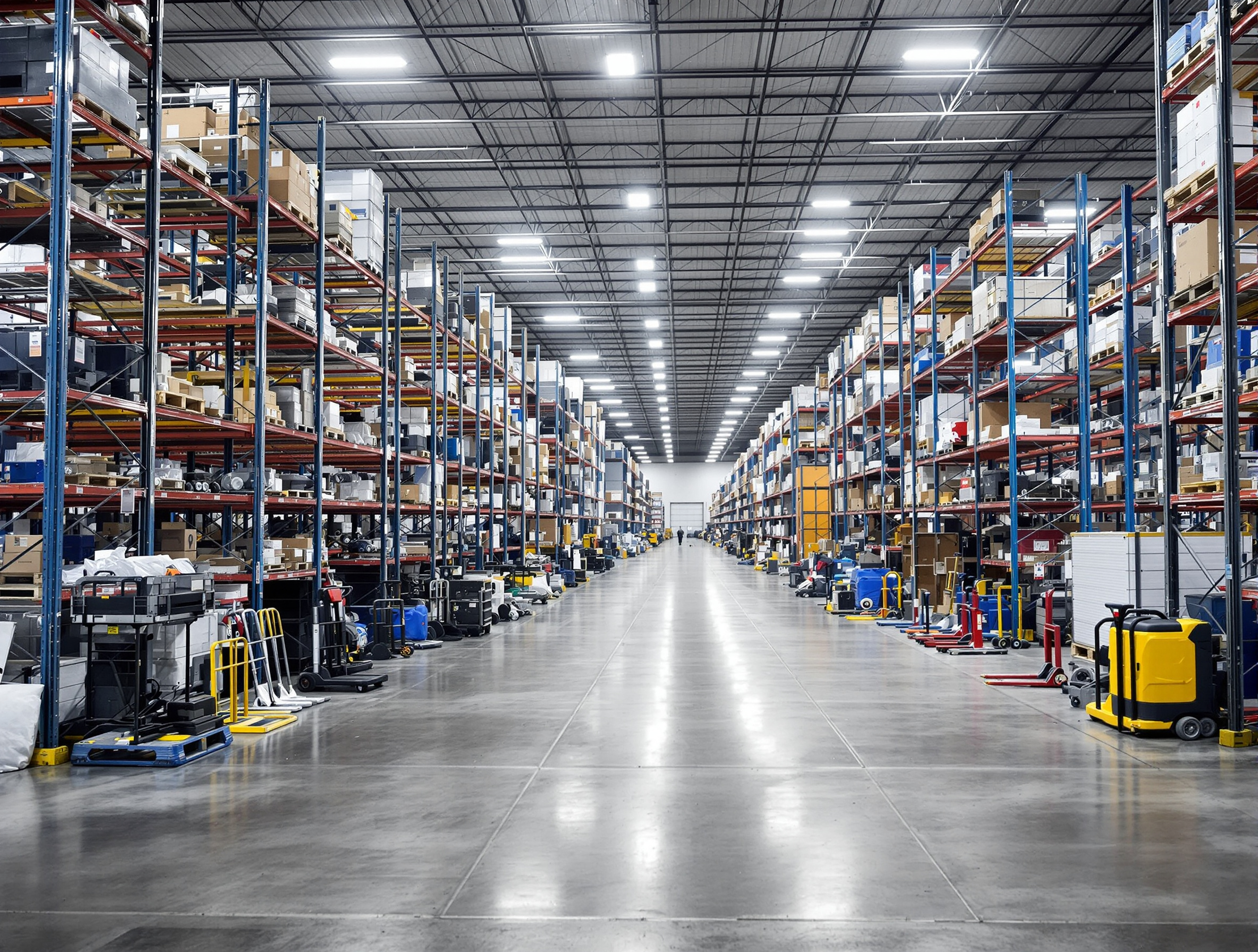 Warehouse inventory showing extensive selection of industrial casters, wheels, and facility equipment organized in storage racks#1.3