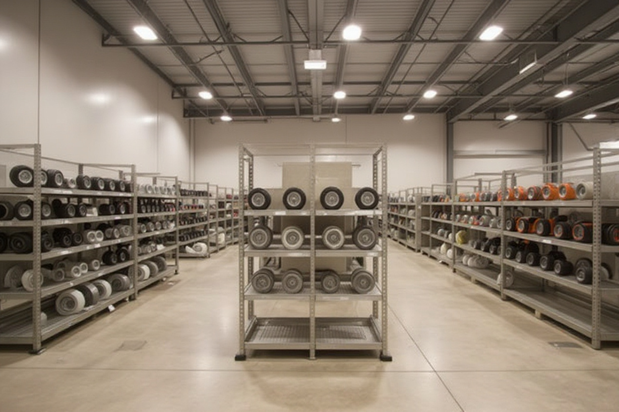 Modern industrial facility with various caster and wheel equipment displays showing comprehensive inventory solutions#1.6