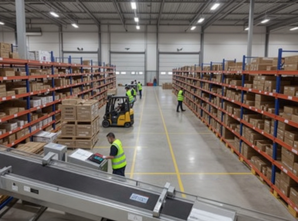 Efficient shipping and logistics center with packages being prepared for same-day delivery service#1.3