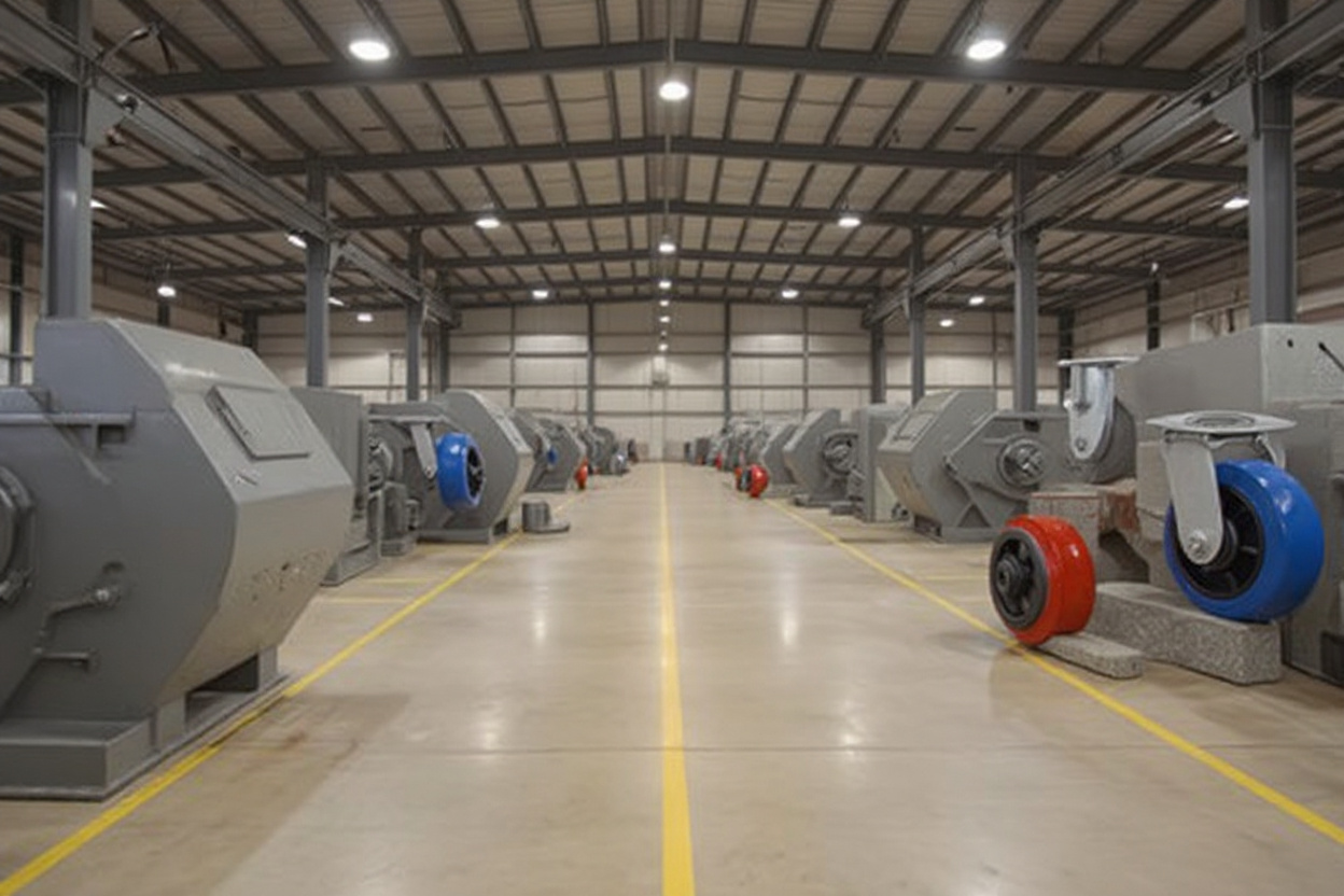 Manufacturing facility floor with heavy industrial equipment and machinery requiring heavy-duty casters for material handling#1.6