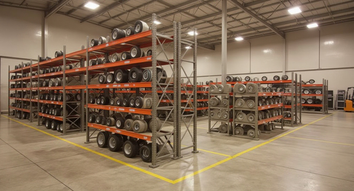 Industrial caster warehouse with extensive inventory of wheels and facility equipment from major brands#1.9